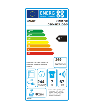 Candy | Dryer Machine | CSO4 H7A1DE-S | Energy efficiency class A+ | Front loading | 7 kg | Heat pump | Big Digit | Depth 46.5 c