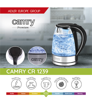 Camry | Kettle | CR 1239 | Electric | 2000 W | 1.7 L | Glass | 360° rotational base | Black