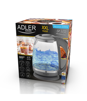 Adler | Kettle | AD 1286 | Standard | 2200 W | 2 L | Plastic/Glass | 360° rotational base | Grey/ transparent