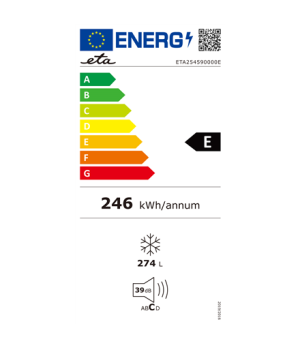 ETA | ETA254590000E | Feezer | Energy efficiency class E | Upright | Free standing | Height 185 cm | Total net capacity 274 L | 