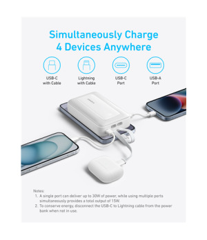 Anker | Power Bank | A1681H21 | 20000 mAh | USB-C 30W, Lightning 27W | Built-In USB-C and Lightning Cables | White