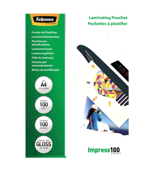 Fellowes | Laminating Pouch | A4 | Clear | Thickness: 100 micron, Qty Per Pack: 100 pcs Ideal for notices, craft materials, sign