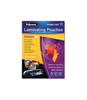 Fellowes | Laminating Pouch | A4 | Clear | Thickness: 125 micron, Qty Per Pack: 25pcs Unique directional arrow quality mark disa