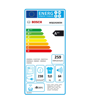 Bosch | Dryer machine with heat pump | WQG242AESN | Energy efficiency class A++ | Front loading | 9 kg | LED | Depth 61.3 cm | S