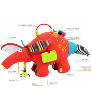 Dolce toys Antoine the Aardvark 95111 Multi-colored 3D design helps toddlers to discriminate different patterns by tactile play 