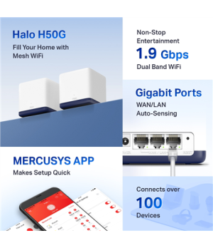 AC1900 Whole Home Mesh Wi-Fi System | Halo H50G (2-Pack) | 802.11ac | 600+1300 Mbit/s | Mbit/s | Ethernet LAN (RJ-45) ports 3 | 