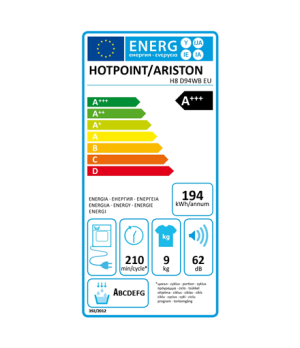 Hotpoint | H8 D94WB EU | Dryer machine | Energy efficiency class A+++ | Front loading | 9 kg | Condensation | LCD | Depth 64.9 c