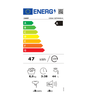 Candy | CSS44 128TWMCE-S | Washing Machine | Energy efficiency class A | Front loading | Washing capacity 8 kg | 1200 RPM | Dept