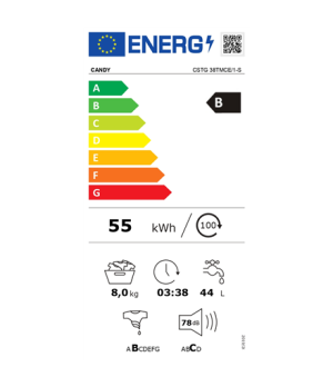 Candy | Washing Machine | CSTG 38TMCE/1-S | Energy efficiency class B | Top loading | Washing capacity 8 kg | 1300 RPM | Depth 6