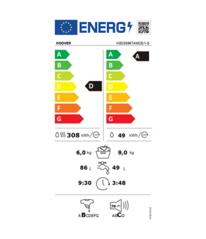 Hoover | Washing Machine | H3DS596TAMCE/1-S | Energy efficiency class A | Front loading | Washing capacity 9 kg | 1500 RPM | Dep