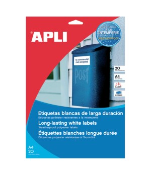 Lipnios etiketės APLI, 210 x 297 mm, A4, atsparūs, 1 lipdukai lape, 20 lapų, balta