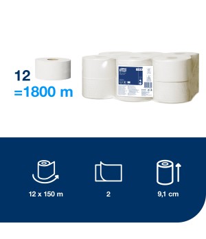 Tualetinis popierius Tork Universal Mini Jumbo T2, 2 sl., 9.1cm x 150m, balta sp. (110298)