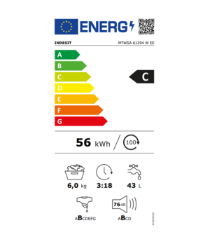 INDESIT | Washing Machine | MTWSA 61294 W EE | Energy efficiency class C | Front loading | Washing capacity 6 kg | 1200 RPM | De